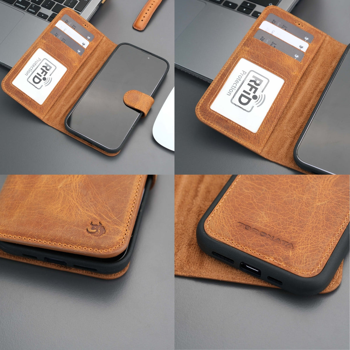 Casper iPhone 18 Pro full-grain leather wallet case - Antic Tan - view 30 