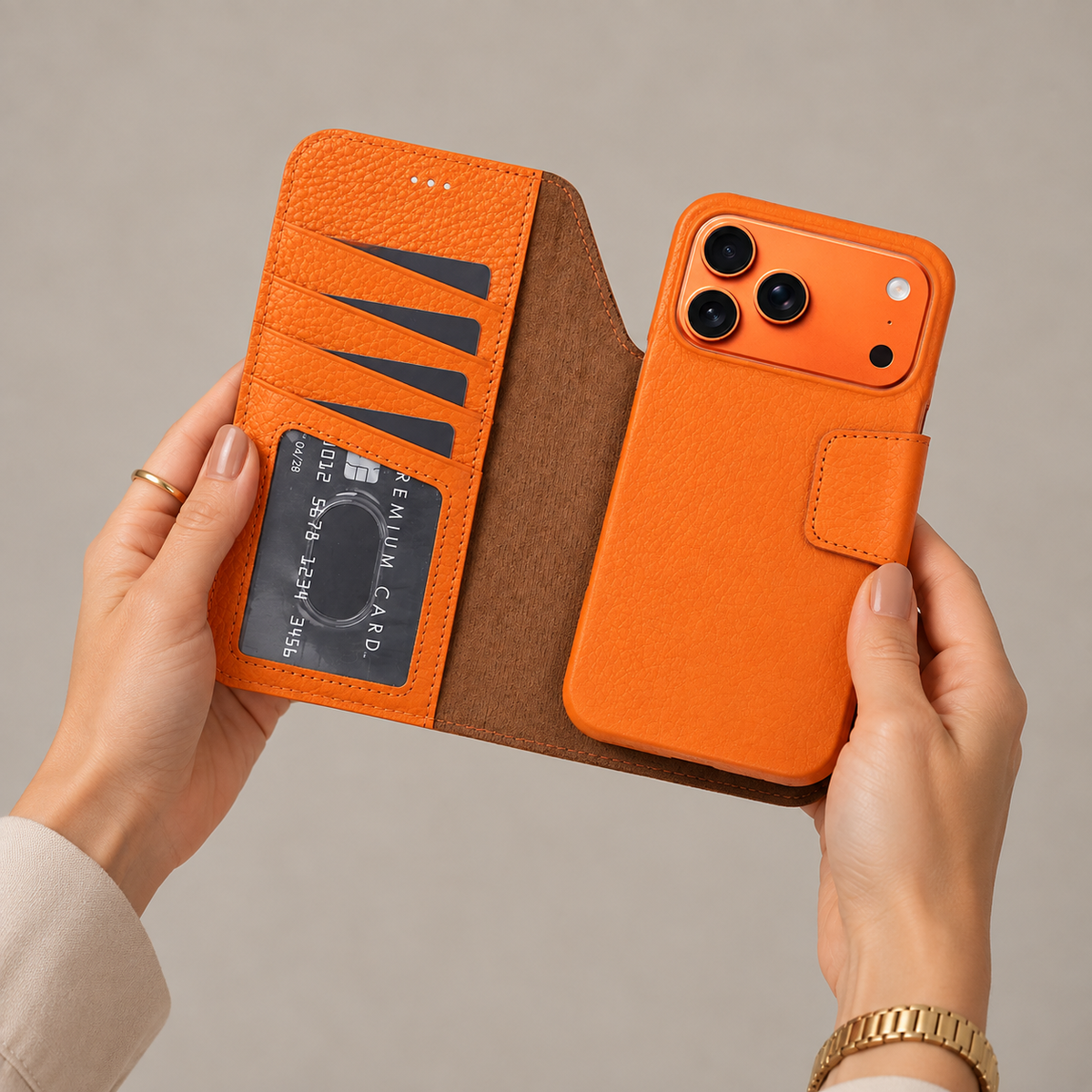 Brea iPhone 18 Pro full-grain leather wallet case - Orange - view 1 #color_turuncu
