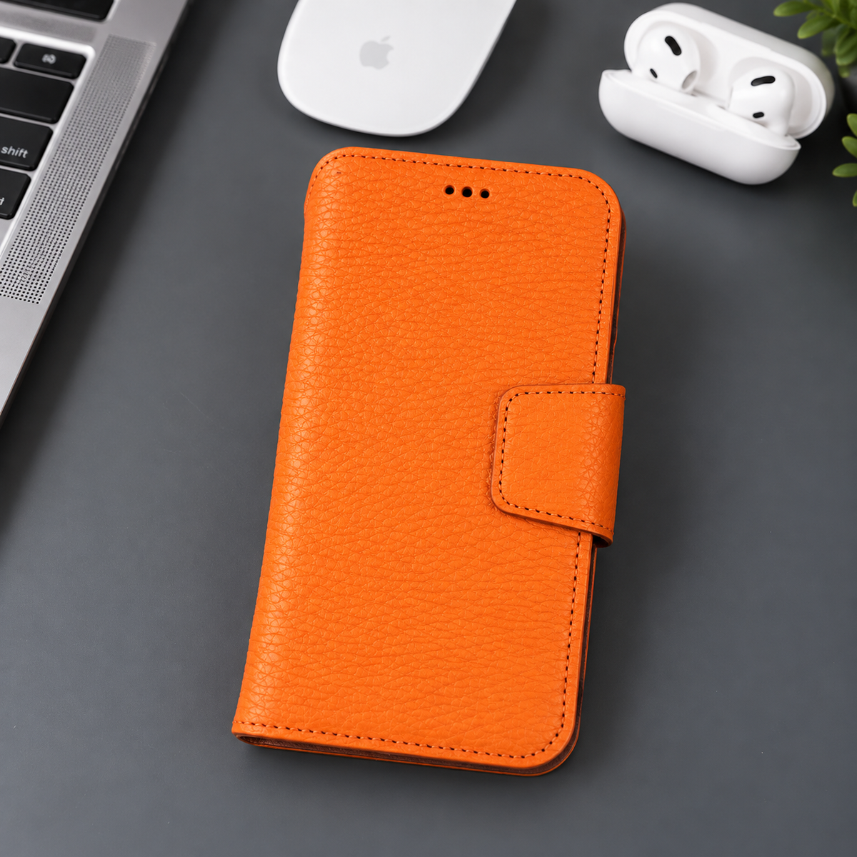 Brea iPhone 18 Pro full-grain leather wallet case - Orange - view 3 #color_turuncu
