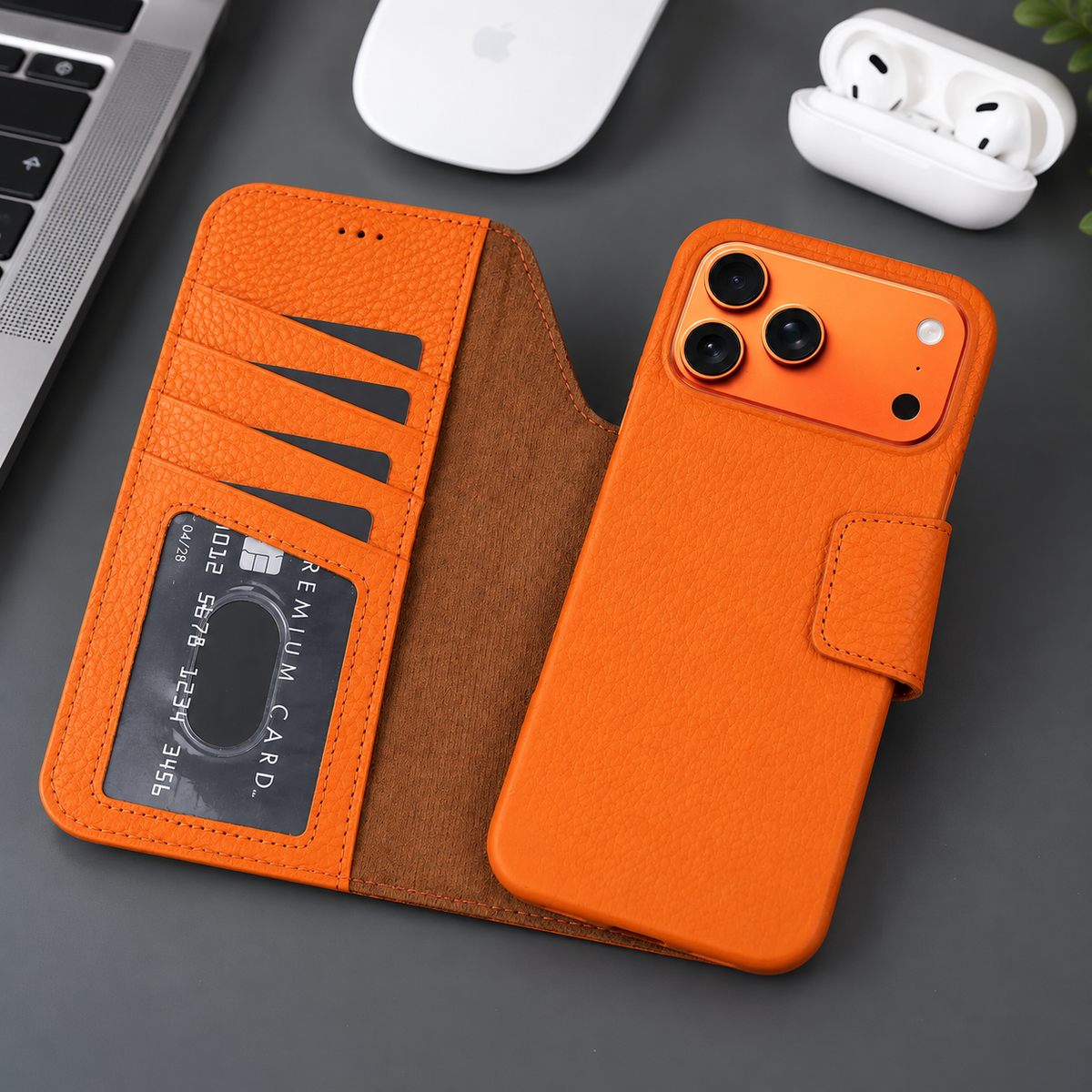 Brea iPhone 18 Pro full-grain leather wallet case - Orange - view 2 #color_turuncu